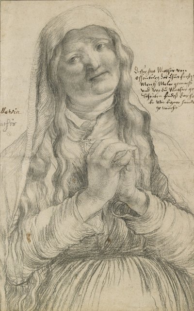 握り手を持つ年配の女性、1512年頃（紙に黒いチョーク） 作： Matthias Grünewald