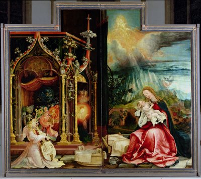 イゼンハイムの祭壇画。中央パネル：天使とキリスト降誕のコンサート、1506-1515 作： Matthias Grünewald
