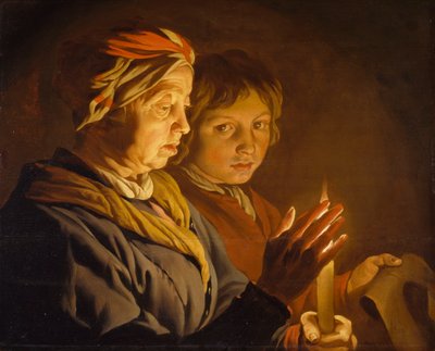 ろうそくの明かりで老婆と少年、1630-1650 作： Matthias Stomer