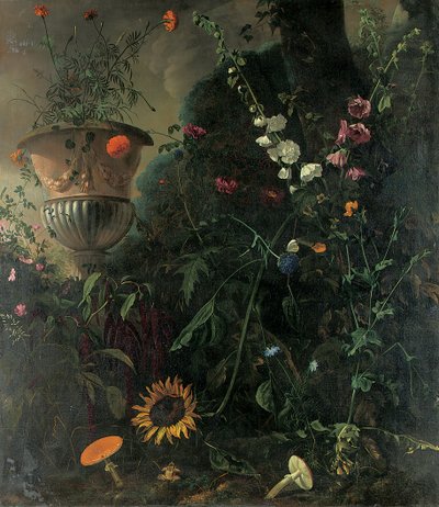 タチアオイ、バラ、ブルーレースの花、ヒマワリ、毒キノコ、マリーゴールド、壷の木 作： Matthias Withoos