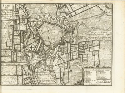 ベレグ ヴァン ベテューネ、1710 年 連合国に包囲されたアルトワのベテューヌ要塞都市の地図 (オブジェクトのタイトル) 作： Matthijs Pool (possibly)