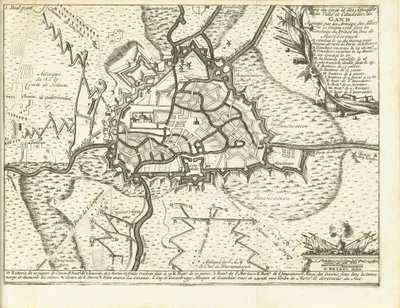 ベレグ ヴァン ゲント、1708 年 1708 年 12 月 22 日に連合国軍によって包囲されたヘント市と城塞の包囲と攻撃の地図、マールバラ公と公爵の指揮の下 (オブジェクトのタイトル) 作： Matthijs Pool (possibly)