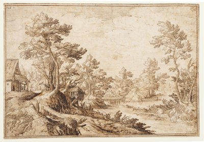 川と村のある風景 1501-1600年頃 敷紙に黒チョーク、ペン、褐色インク 作： Matthijs the younger (after) Bril
