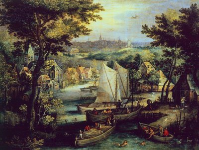 川の風景、Mathys Bril Younger (1550-1583) 作、銅に油彩 作： Matthijs the younger Bril