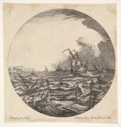 テンペストの丸い構図で、左の波が7人乗りの小さな船を翻弄していますが、これは1625年から60年頃の作品です。 作： Matthijs van Plattenberg