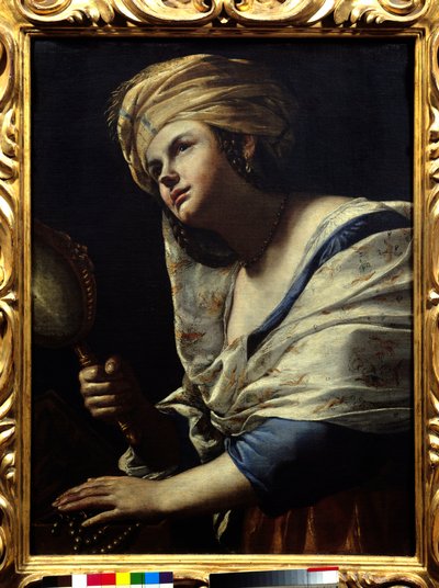 ターバンと鏡を持つヴァナイトの女性 - マッティア・プレティ（1613-1699）の絵画 17世紀 フィレンツェ、ウフィッツィ美術館蔵 作： Mattia Preti
