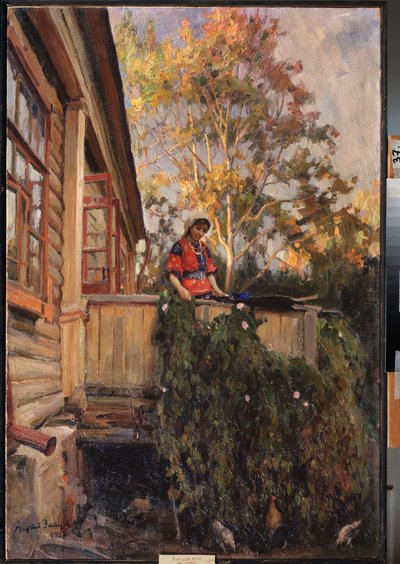 バルコニーで - Matvei Markovich Zaytsev (1880-1940) による絵画、キャンバスに油彩 作： Matvei Markovich Zaytsev