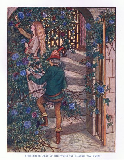 エルメントリュードが階段を上ってバラを摘み取ったイラスト（レディアンフェアリーテールズ、1914年） 作： Maud Tindal Atkinson