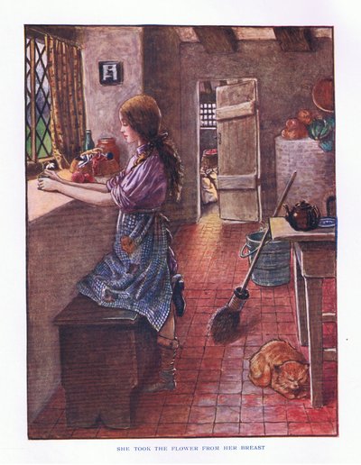 彼女は胸から花を取りました。イラストはレディアンフェアリーテールズ、1914年 作： Maud Tindal Atkinson
