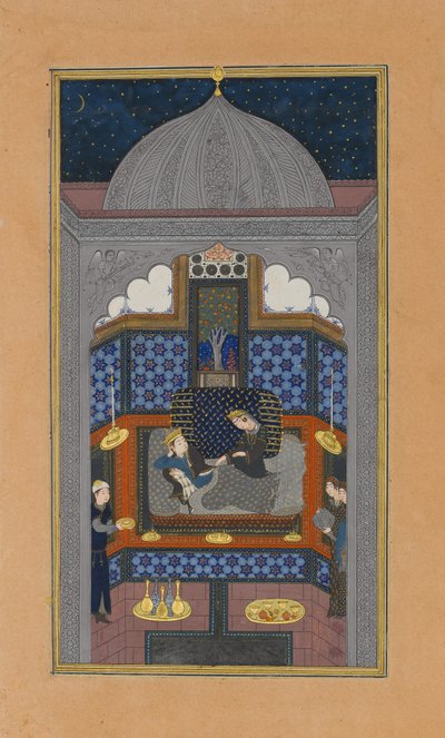 土曜の暗黒宮のバフラムガーとインドの王女」フォリオ23v...、1430年頃。 作： Maulana Azhar