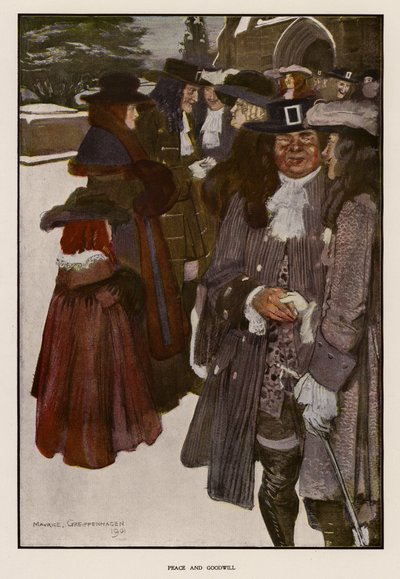 教会の外でクリスマスの挨拶を交わす（カラーリソ） 作： Maurice (after) Greiffenhagen
