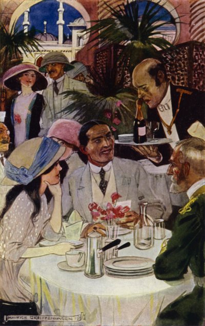 バグダッドへの訪問。レストランにて（カラーリトグラフ 作： Maurice (after) Greiffenhagen