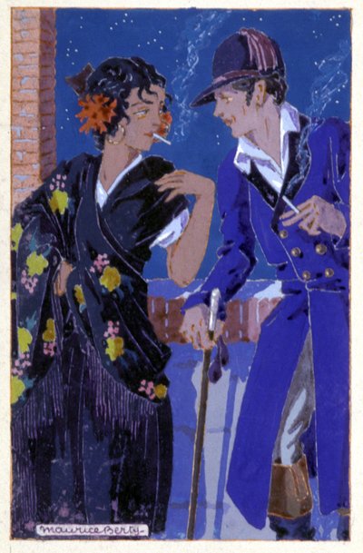 Don Jose and Carmen smoking, c. 1930 (illustration)   1464198   ja       japanese Successfully Translated  Original: Making paper by hand by sieving pulp in forms. Engraving c1870. Translat: Making paper by hand by sieving pulp in forms. Engraving c1870. 1 作： Maurice Berty