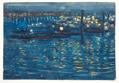 祭りの夜、ヴェネツィア、1898-1899年頃（グラファイト、水彩、ボディカラー、織物紙） 作： Maurice Brazil Prendergast