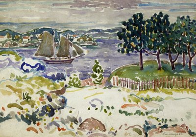 ヨットのある入り江、メイン州、カリフォルニア州。 1913～1915年。 作： Maurice Brazil Prendergast