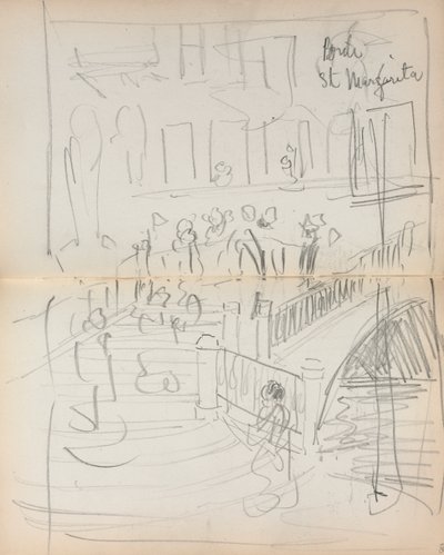 イタリアのスケッチブック：ブリッジセントマルガリータページ67＆68、1898-1899。 作： Maurice Brazil Prendergast