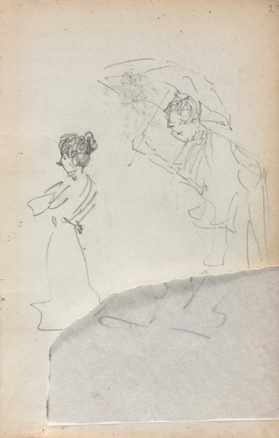 イタリアのスケッチブック：横顔で立っている女性と傘を持つ男2、1898〜1899年。 作： Maurice Brazil Prendergast