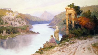 古典遺跡のある川沿いの人物像 作： Maurice Chabas
