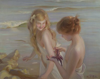 ビーチでヒトデを持つ 2 人の女の子 作： Maurice Chabas