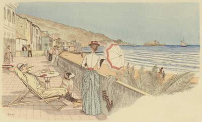 イタリア・ガリナーラ島の海辺でくつろぐ新婚旅行のカップルの姿。(カラーリトグラフ) 作： Maurice Charles Mathieu Bonvoisin