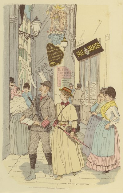 ジェノバの旧市街の路地を歩く男性とその妻。(カラーリトグラフ) 作： Maurice Charles Mathieu Bonvoisin