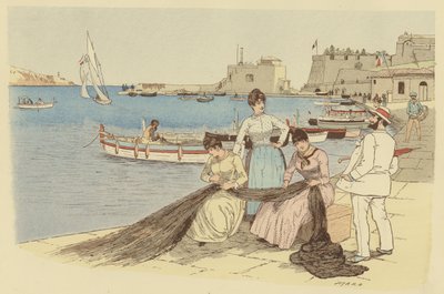 フランス・ヴィルフランシュの町で、漁網を繕う女性たちと会話する男性（カラーリトグラフ 作： Maurice Charles Mathieu Bonvoisin