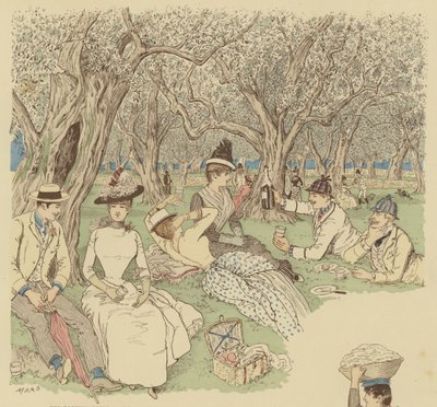 南フランス、ボーリューのオリーブの木の下でのピクニック（カラーリトグラフ 作： Maurice Charles Mathieu Bonvoisin