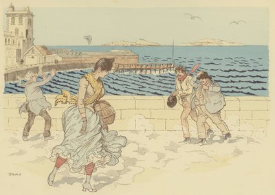 フランス・マルセイユのコルニッシュ・プロムナードで風に吹かれるミストラル号（カラーリトグラフ 作： Maurice Charles Mathieu Bonvoisin