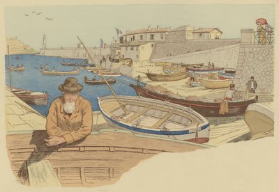 フランス・ニースの港で働く典型的な船頭（カラーリトグラフ 作： Maurice Charles Mathieu Bonvoisin