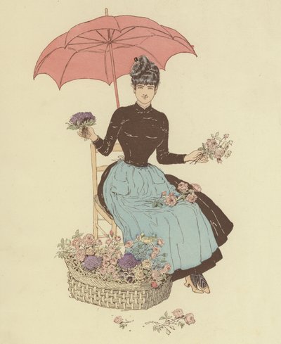 傘を差して花を売る女性（カラーリトグラフ 作： Maurice Charles Mathieu Bonvoisin