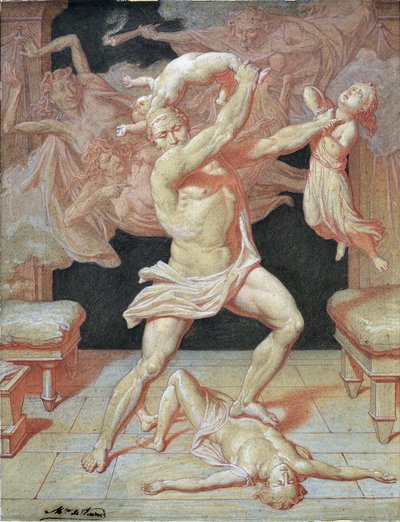 ヘラに発狂したヘラクレスは子供たちを虐殺する（絵） 作： Maurice De Vaines