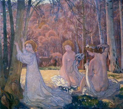 春の風景の聖なる森の人物像、1897年 作： Maurice Denis