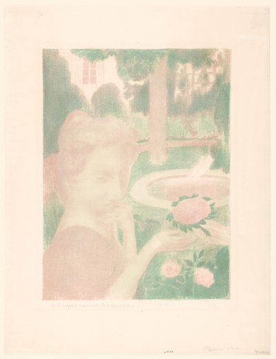 若い女性が庭で花束を手に入れる Lebouque matinal, les larmes... (オブジェクトのタイトル) 愛の描写（シリーズタイトル） アムール（シリーズタイトル） 作： Maurice Denis