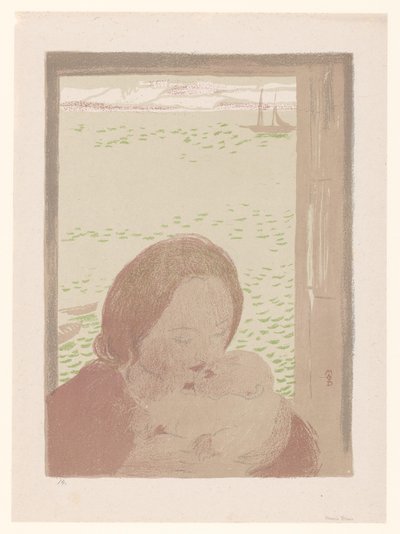 窓の前で赤ちゃんを持つ母親 作： Maurice Denis