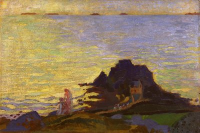 ロッキー露頭の上の母と子（カードに油彩） 作： Maurice Denis