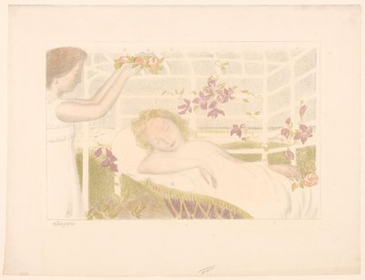 眠っている女の子が花輪を手に入れる アレゴリー（オブジェクトのタイトル） 愛の描写（シリーズタイトル） アムール（シリーズタイトル） 作： Maurice Denis