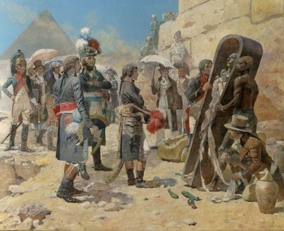 エジプトの田舎で王のミイラを考えているピラミッドの前にあるナポレオンボナパルト 作： Maurice Henri Orange