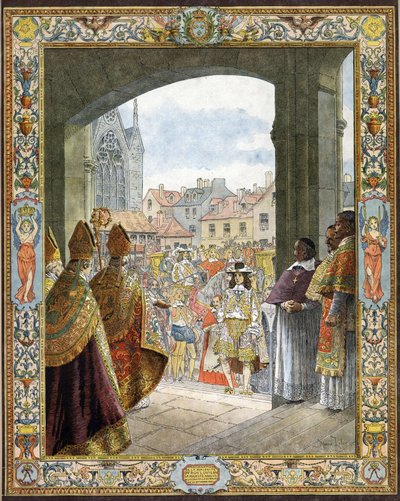 サント・シャペル（Sainte Chapelle）に到着し、Le Roi-Soleil（ソレイユ王またはルイ大帝）として知られるフランス国王ルイ14世の過半数を占めることを宣言した。 作： Maurice Leloir