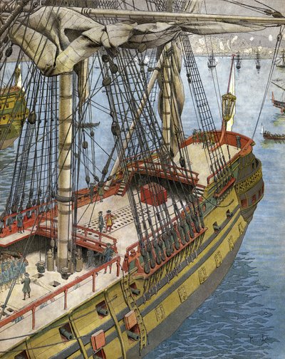 1682年、アルジェの街の砲撃と火災。フランス海軍士官アブラハム・マルキ・デュケイン（1604-1610-88年）が船上からガリオット爆弾の効果を見ている。グーによる「ル・ロワ・ソレイユ」（ルイ14世）のクロモグラフィー 作： Maurice Leloir