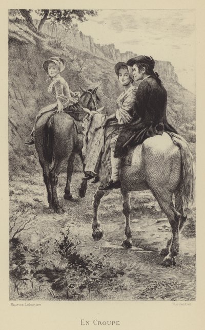 馬に乗って旅をするジャン＝ジャック・ルソーと2人の若い女性（グラビア 作： Maurice Leloir
