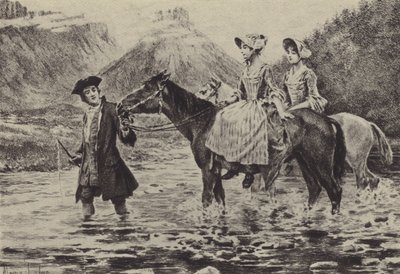 2人の若い女性が小川を渡るのを助けるジャン＝ジャック・ルソー（グラビア 作： Maurice Leloir