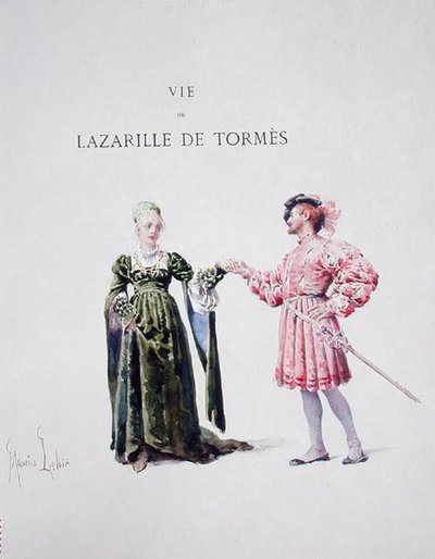 女性と一緒にいるラザリヨ・デ・トルメス（「La Vida de Lazarillo de Tormes」より）。 作： Maurice Leloir