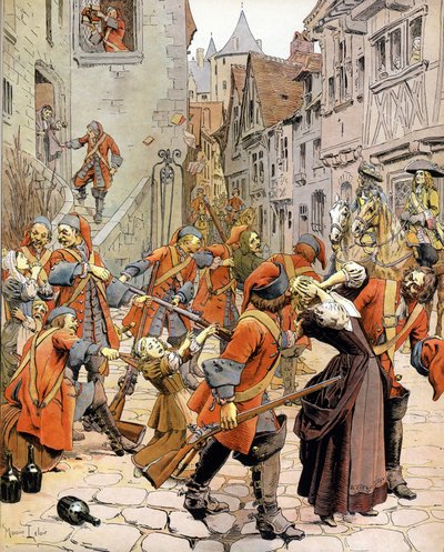 Les Dragonnades（1681-1685）：プロテスタントを改宗させることを課せられたドラゴンの部隊によるプロテスタントの家族の散り際。グスタフ・トゥトゥウェルブ作「Le Roy Soleil」（ルイ14世）のクロモグラフィー、モーリス・ルロワール（1853-1940）の挿絵 作： Maurice Leloir