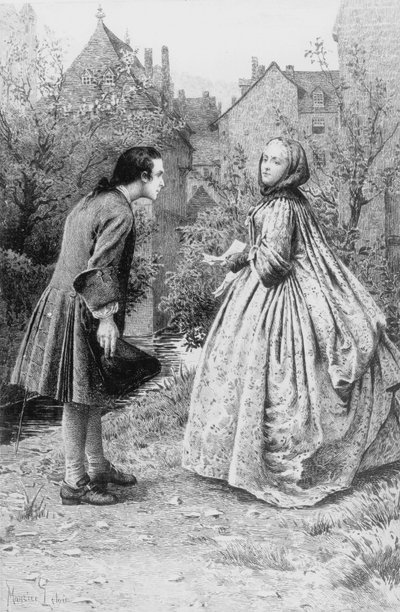 1728年3月21日、若き日のジャン＝ジャック・ルソーと後に親友となるワラン夫人の出会い（エングレーヴィング 作： Maurice Leloir