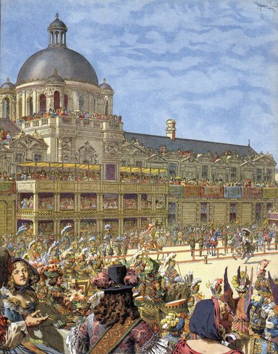 1662年にパリのチュイルリー宮殿の前で行われた王室のカルーセル（騎士のトーナメント）は、ルイ14世がLe Roi-Soleil（ソレイユ王またはルイ大帝）として知られていました。 作： Maurice Leloir