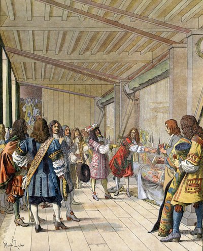 製造所の責任者である画家のシャルル・ルブラン（Le Brun）（1619-1690）は、ル・ロワ・ソレイユ（ソレイユ王、ルイ大帝）として知られるルイ14世に説明しました。 作： Maurice Leloir