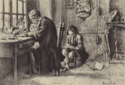 父が仕事をしている間に読書をする若き日のジャン＝ジャック・ルソー（グラビア 作： Maurice Leloir