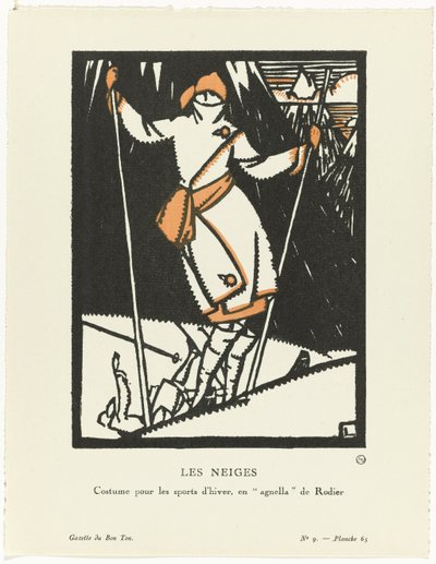 Gazette du Bon Ton, 1920 - No. 9, Pl. 65: Les Neiges / ウィンター スポーツのコスチューム、ロディエのエナグネラ 作： Maurice Leroy