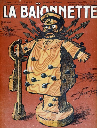 ドイツの元帥・政治家であるヒンデンブルグ（1847-1934）の漫画。1917年6月の新聞 "La Baionnette "の表紙のイラスト。 作： Maurice Louis Henri Neumont