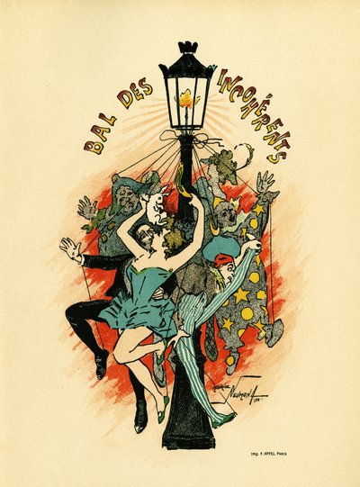 Poster pour le bal des incoherents、1885年から1896年の間にパリで組織されたバルは、1882年にジュール・レヴィによって開始された芸術運動の一環として、レ・アーツ・インコヒレンツ、イラスト・アン・リトグラフ・ド・モーリス・ニューモント（1868-1930）、レ・プログラム・イラストレス 作： Maurice Louis Henri Neumont